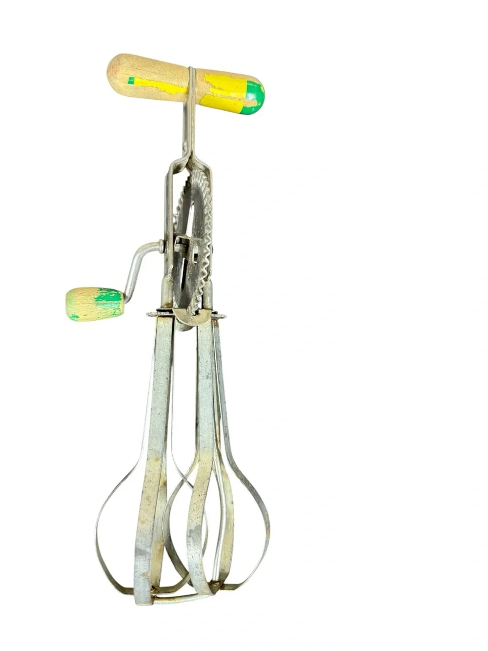 Vintage Hand Crank Egg Beater with Yellow-Green Handles